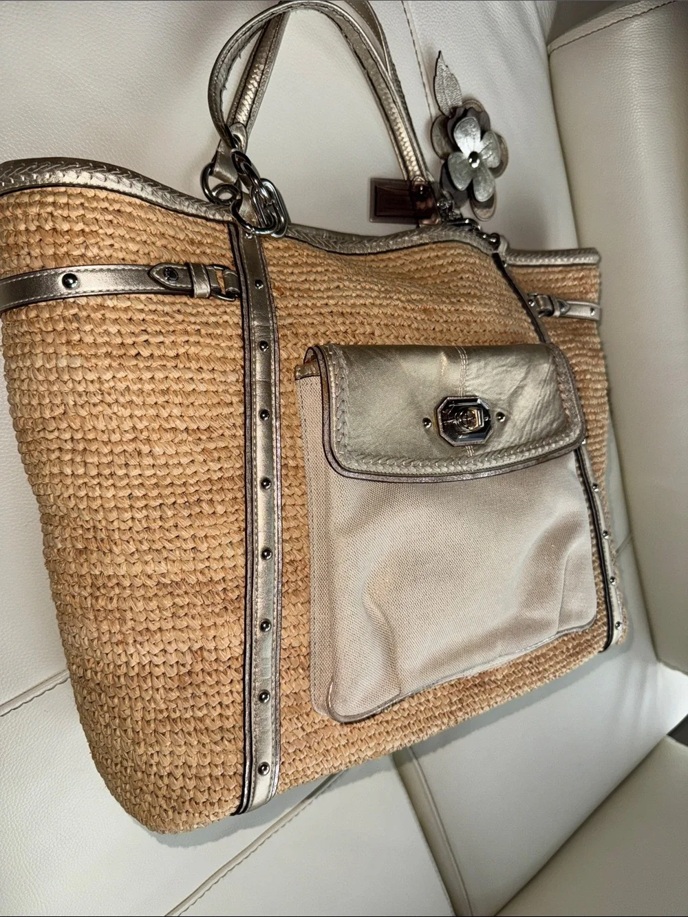 Coach Leather Creed Patch Embellished Straw Tote Bag